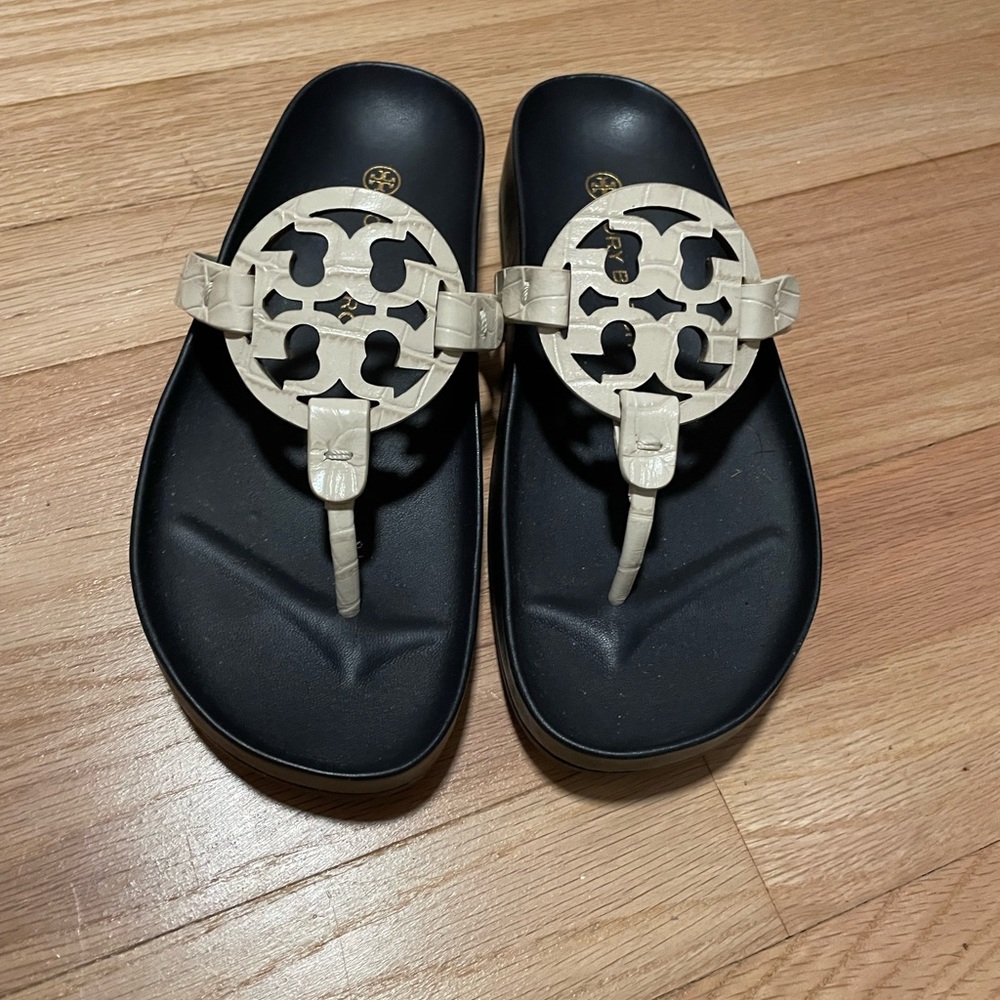 Tory Burch off white, faux crocodile leather sandals.
